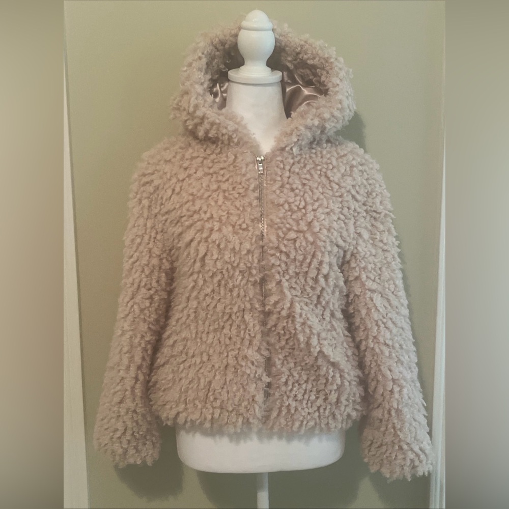 Donna Salyers fabulous Furs Pink coat Jacket Hooded Boucle Faux Fur size Large